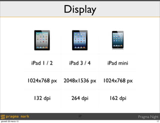 Display



                       iPad 1 / 2     iPad 3 / 4    iPad mini


                      1024x768 px   2048x1536 px   1024x768 px


                        132 dpi        264 dpi       162 dpi


                                          17                     Pragma Night
giovedì 28 marzo 13                                                         17
 