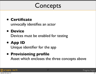 Concepts

          • Certiﬁcate
                  univocally identiﬁes an actor
          • Device
                  Devices must be enabled for testing
          • App ID
                  Unique identiﬁer for the app
          • Provisioning proﬁle
                  Asset which encloses the three concepts above

                                         27                  Pragma Night
giovedì 28 marzo 13                                                     27
 
