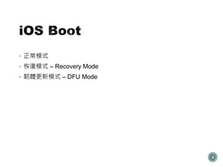  正常模式
 恢復模式 – Recovery Mode
 韌體更新模式 – DFU Mode
2
 