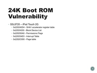  S5L8720 – iPod Touch 2G
 0x220240D4 - SHA1 accelerator register table
 0x22024200 - Block Device List
 0x220250A0 - Permissions Flags
 0x220254E0 - Interrupt Table
 0x2202C000 - Page table
9
 