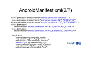 AndroidManifest.xml(2/?)
<uses-permission android:name="android.permission.INTERNET" />
<uses-permission android:name="android.permission.GET_ACCOUNTS" />
<uses-permission android:name="android.permission.USE_CREDENTIALS" />
<uses-permission
android:name="android.permission.ACCESS_NETWORK_STATE" />
<uses-permission
android:name="android.permission.WRITE_EXTERNAL_STORAGE" />
<application
android:label="@string/app_name"
android:icon="@drawable/ic_launcher"
android:logo="@drawable/title_logo"
android:theme="@style/Theme.IOSched"
android:hardwareAccelerated="true">
 