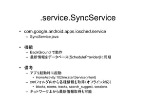 .service.SyncService
• com.google.android.apps.iosched.service
– SyncService.java
• 機能
– BackGround で動作
– 最新情報をデータベース(ScheduleProvider)に同期
• 備考
– アプリ起動時に起動
• HomeActivity:102line:startService(intent)
– xmlフォルダ内から各種情報を取得（オフライン対応）
• blocks, rooms, tracks, search_suggest, sessions
– ネットワーク上から最新情報取得も可能
 