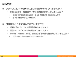 Copyright ? DeNA Co.,Ltd. All Rights Reserved.
Ϥ
? `ե`1˕rgäƤޤ󤫣
? ()_k?^Υ˕rgäƤޤ󤫣
? Υڤǥߥ˥`ΰkयޤ󤫣
? ɫքӤǤäƤޤ󤫣
? CIhɤޤǌǤƤޤ
? քӤɫäƤwޤ󤫣
? _kΥЩ`äƤޤ󤫣
? XcodeJenkinsBTSSlackʤɤζȤФƤޤ󤫣
? ƥȥåkޤäƤޤ󤫣
 