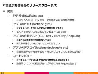 Copyright ? DeNA Co.,Ltd. All Rights Reserved.
CIhϤΥ`ե` (1/2)
? _k
? Ľ(SwiftLint etc)
? ؤ򥳩`ɥӥ`ָժΤϕrgΟoj
? ץΥӥ(fastlane gym)
? ޥѥ`ƥӥɕrg̤
? ӥɤǤʤ褦ʤΤӥ`˳ʤ
? ץԄӥƥ(XCUITest / EarlGrey / Appium)
? KлʤɤǌgЕrg̤
? ƥȤͨʤΤӥ`˳ʤ
? ץΥǥץ(fastlane deploygate etc)
? }ʤКӥɚ˥ǥץƤޤΤ
? `ɥӥ`
? һҥ`ޥ󥳥ȤߤΤǟojʤȤϱܤ
? OӋܤˤĤՄPull Request
 
