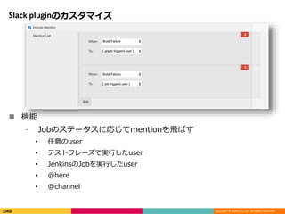 Copyright © DeNA Co.,Ltd. All Rights Reserved.
Slack pluginのカスタマイズ
 機能
⁃ Jobのステータスに応じてmentionを飛ばす
• 任意のuser
• テストフレーズで実行したuser
• JenkinsのJobを実行したuser
• @here
• @channel
 