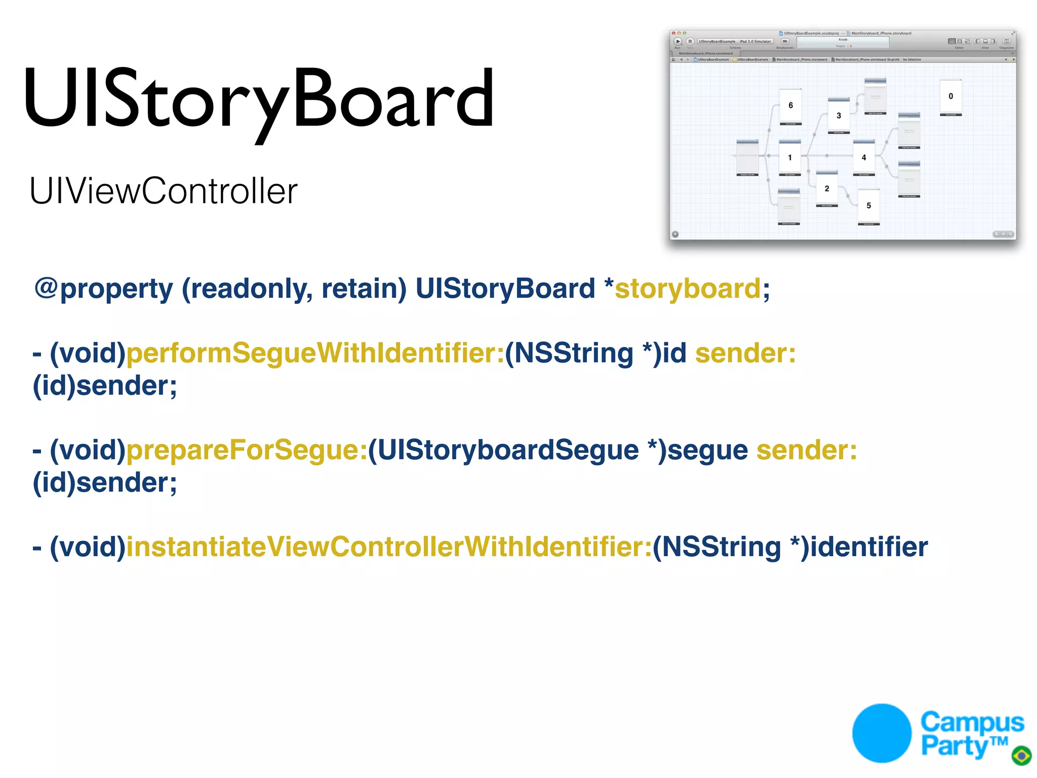 UIStoryBoard
UIViewController

@property (readonly, retain) UIStoryBoard *storyboard;

- (void)performSegueWithIdentiﬁer:(NSString *)id sender:
(id)sender;

- (void)prepareForSegue:(UIStoryboardSegue *)segue sender:
(id)sender;

- (void)instantiateViewControllerWithIdentiﬁer:(NSString *)identiﬁer
 