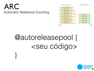 ARC
Automatic Reference Counting




      @autoreleasepool {
          <seu código>
      }
 