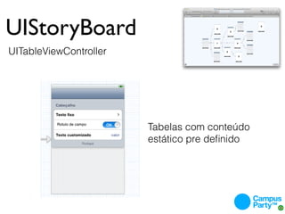 UIStoryBoard
UITableViewController




                        Tabelas com conteúdo
                        estático pre deﬁnido
 