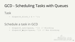 GCD - Scheduling Tasks with Queues
Task
- dispatch_block_t b = ^{};
Schedule a task in GCD
- dispatch_sync(queue, ^{}) // Blocking
- dispatch_async(queue, ^{}) // Non blocking
19
 