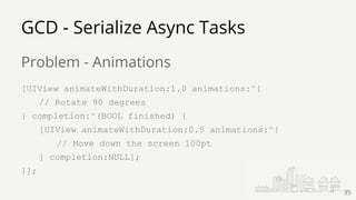 GCD - Serialize Async Tasks
Problem - Animations
[UIView animateWithDuration:1.0 animations:^{
// Rotate 90 degrees
} completion:^(BOOL finished) {
[UIView animateWithDuration:0.5 animations:^{
// Move down the screen 100pt
} completion:NULL];
}];
35
 