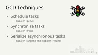 - Schedule tasks
- dispatch_queue
- Synchronize tasks
- dispatch_group
- Serialize asynchronous tasks
- dispatch_suspend and dispatch_resume
GCD Techniques
8
 
