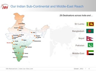 IOS Relocations | www.ios-india.com October , 2012
Our Indian Sub-Continental and Middle-East Reach
29 Destinations across India and…
4
Sri Lanka
Bangladesh
Nepal
Pakistan
Middle-East
 