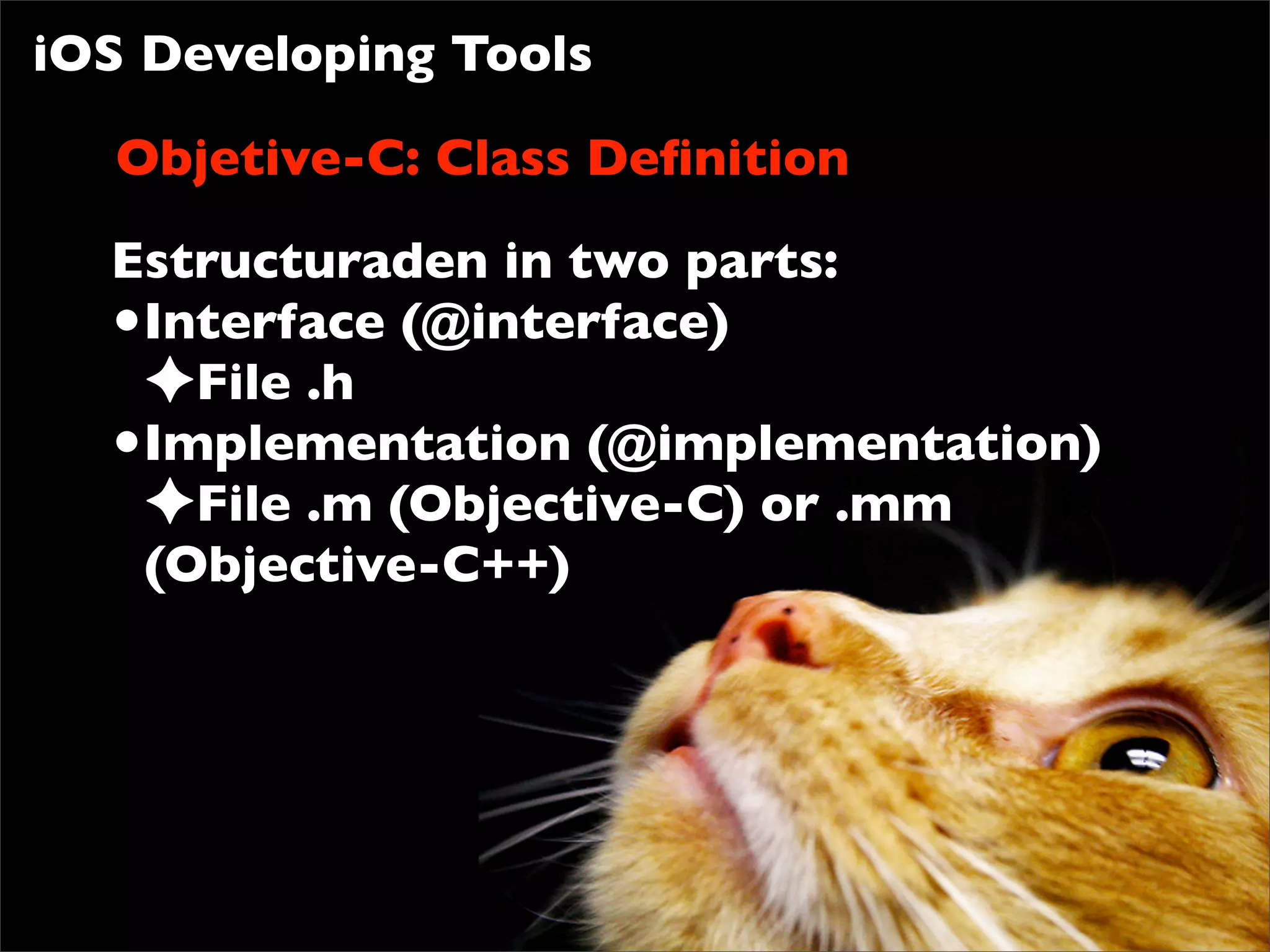 iOS Developing Tools

  Objetive-C: Class Deﬁnition
  Estructuraden in two parts:
  •Interface (@interface)
   ✦File .h
  •Implementation (@implementation)
   ✦File .m (Objective-C) or .mm
   (Objective-C++)
 
