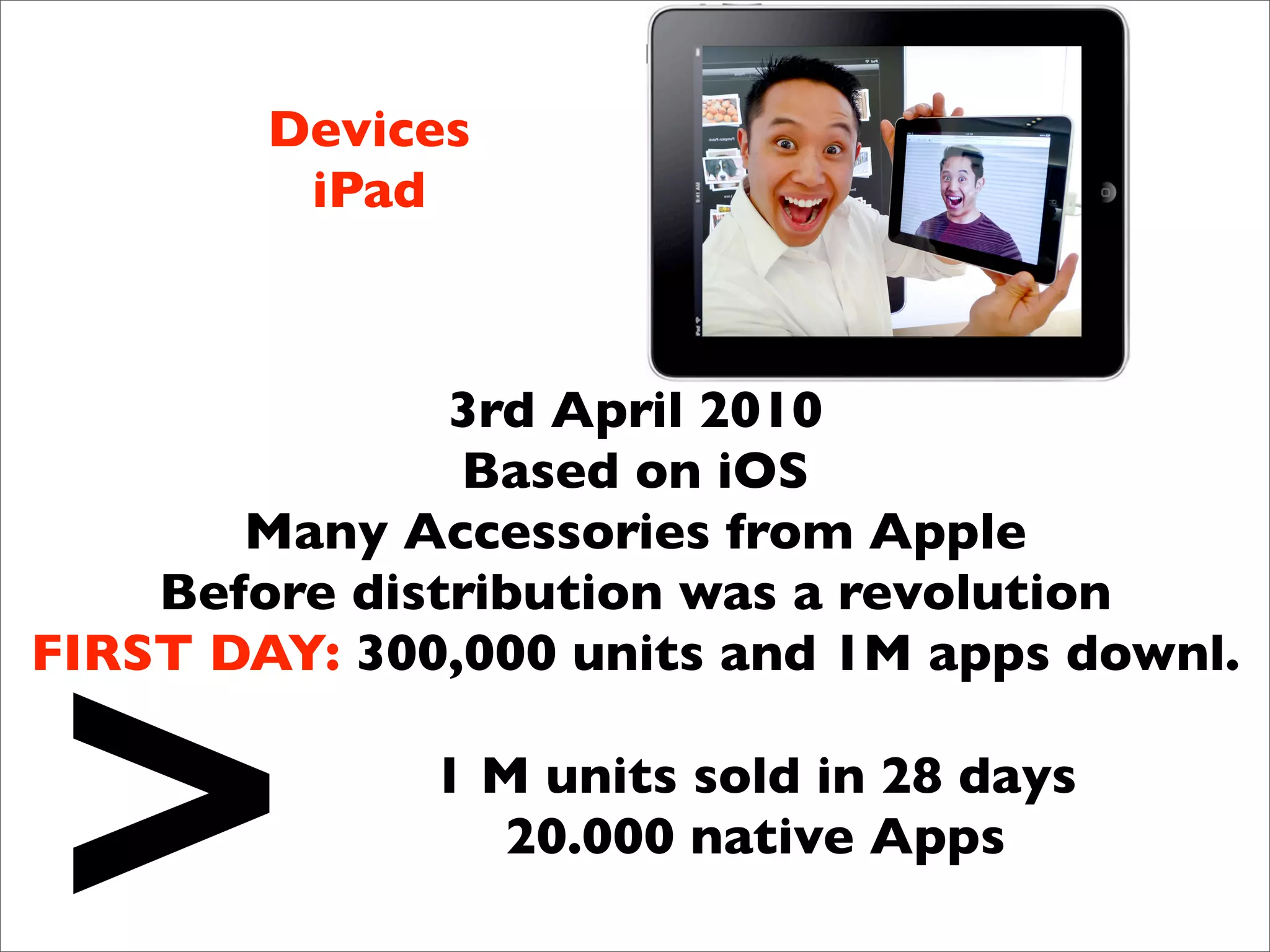 Devices
         iPad



               3rd April 2010
               Based on iOS
       Many Accessories from Apple
    Before distribution was a revolution




>
FIRST DAY: 300,000 units and 1M apps downl.

              1 M units sold in 28 days
                20.000 native Apps
 