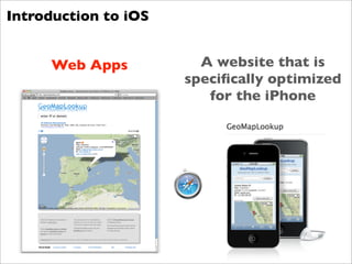 Introduction to iOS


     Web Apps           A website that is
                      speciﬁcally optimized
                         for the iPhone
 