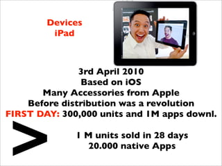 Devices
         iPad



               3rd April 2010
               Based on iOS
       Many Accessories from Apple
    Before distribution was a revolution




>
FIRST DAY: 300,000 units and 1M apps downl.

              1 M units sold in 28 days
                20.000 native Apps
 
