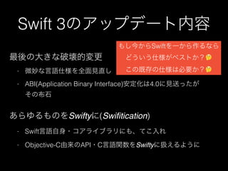 Swift 3
-
- ABI(Application Binary Interface) 4.0
Swifty (Swiﬁtication)
- Swift
- Objective-C API C Swifty
Swift
🤔
🤔
 