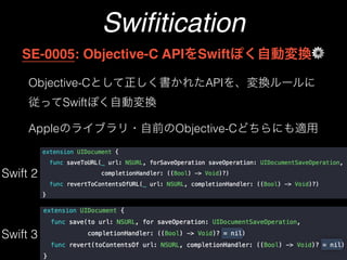 Swiﬁtication
Objective-C API
Swift
Apple Objective-C
SE-0005: Objective-C API Swift ⚙
Swift 2
Swift 3
 