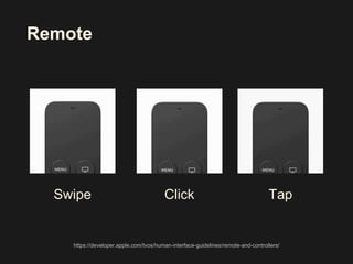 Swipe Click Tap
https://developer.apple.com/tvos/human-interface-guidelines/remote-and-controllers/
Remote
 