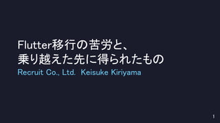 Flutter移行の苦労と、 
乗り越えた先に得られたもの 
Recruit Co., Ltd. Keisuke Kiriyama 
1 
 