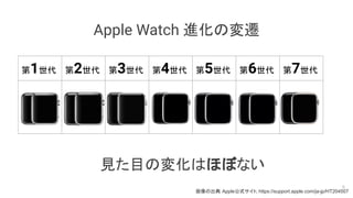 第1世代 第2世代 第3世代 第4世代 第5世代 第6世代 第7世代
Apple Watch 進化の変遷
8
見た目の変化はほぼない
画像の出典: Apple公式サイト, https://support.apple.com/ja-jp/HT204507
 