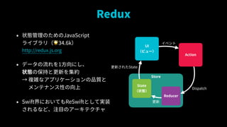 Redux
? ״BΤJavaScript?
饤֥꣨?34.6k?
http://redux.js.org
? ǩ`1ˤ?
״Bα֤ȸ¤򼯼s?
 }jʥץꥱ`Ʒ|?
 ƥʥԤ
? SwiftˤƤReSwiftȤƌgװ
ʤɡעĿΥ`ƥ
Store
UI?
ӥ`
Action
Reducer
Dispatch

٥
¤줿State
State?
״B
 