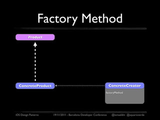 Factory Method
          Product




  ConcreteProduct                                                   ConcreteCreator
                                                                factoryMethod




iOS Design Patterns   19/11/2011 - Barcelona Developer Conference    @ismaeldm @aquarioverde
 