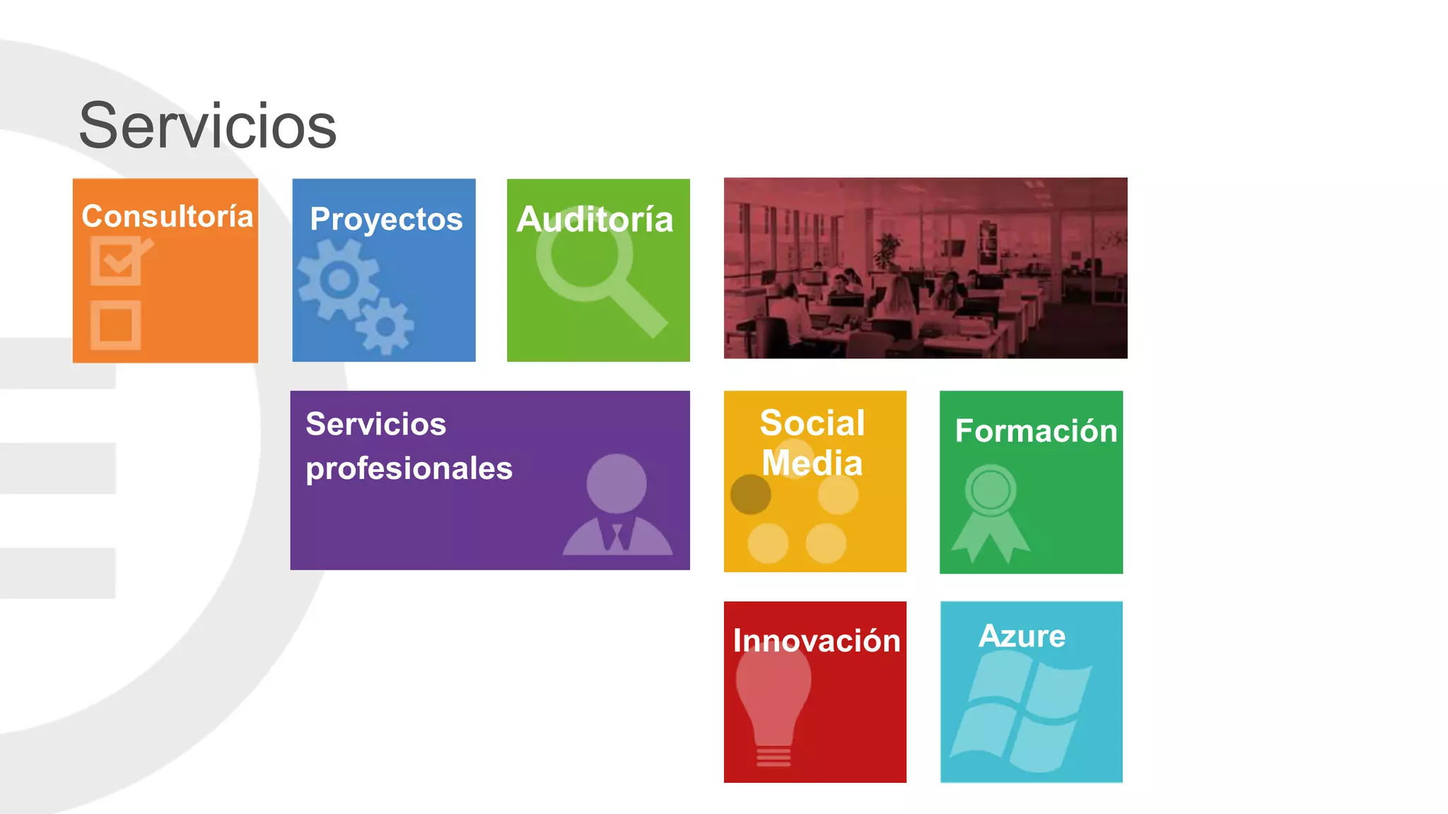 Servicios
Consultoría   Proyectos       Auditoría




              Servicios                    Social      Formación
              profesionales                Media



                                          Innovación    Azure
 