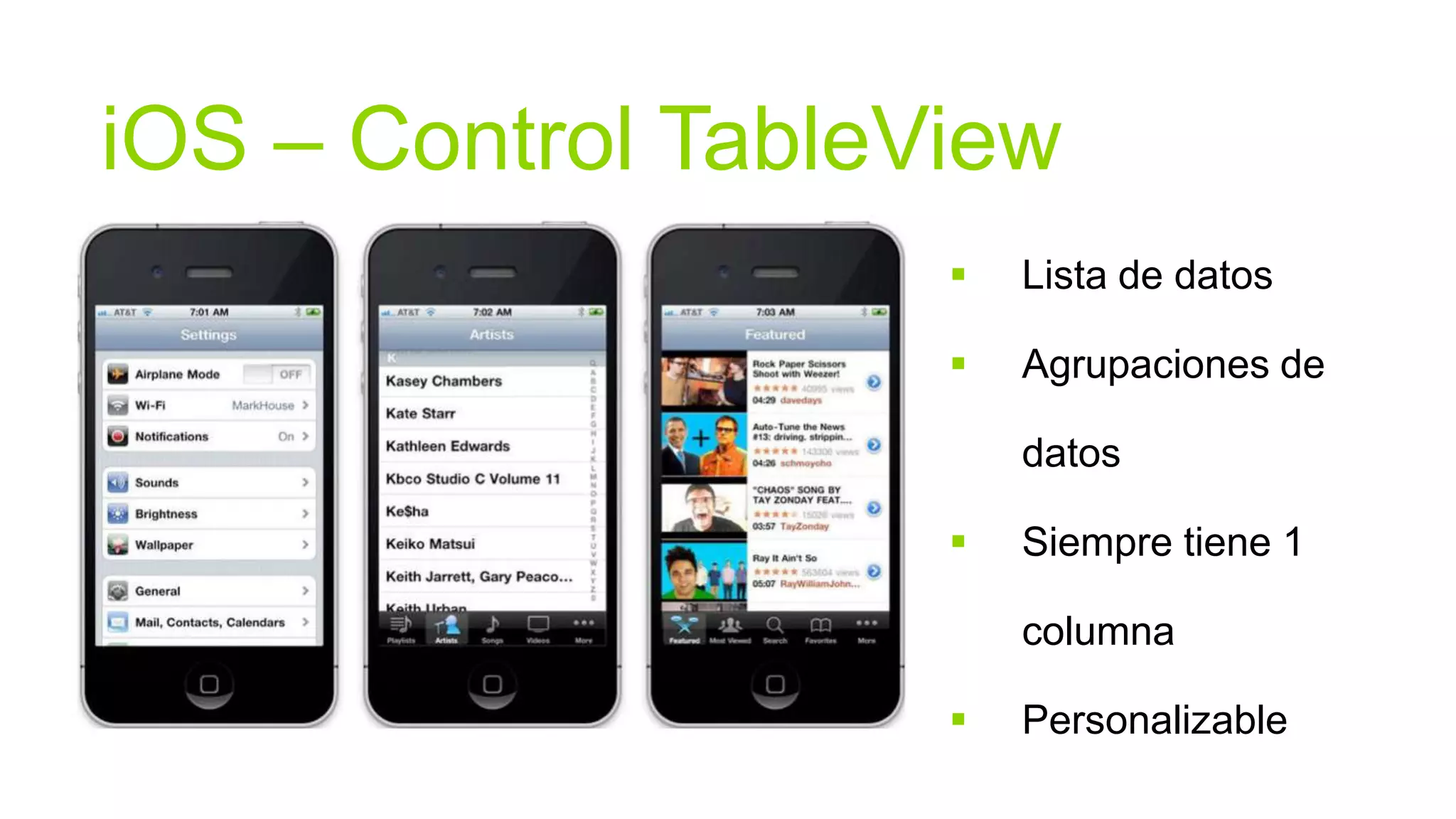 iOS – Control TableView
                       Lista de datos

                       Agrupaciones de

                        datos

                       Siempre tiene 1

                        columna

                       Personalizable
 