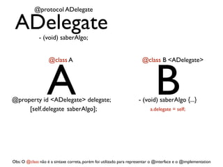 @protocol ADelegate

 ADelegate    - (void) saberAlgo;




                  A                                                          B
                   @class A                                           @class B <ADelegate>




@property id <ADelegate> delegate;                                  - (void) saberAlgo {...}
     [self.delegate saberAlgo];                                            a.delegate = self;




Obs: O @class não é a sintaxe correta, porém foi utilizado para representar o @interface e o @implementation
 