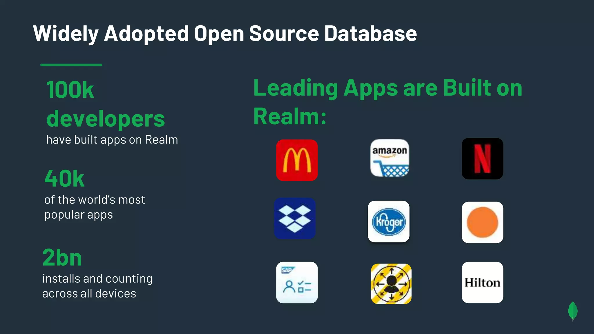 100k
developers
have built apps on Realm
40k
of the world’s most
popular apps
2bn
installs and counting
across all devices
Leading Apps are Built on
Realm:
Widely Adopted Open Source Database
 