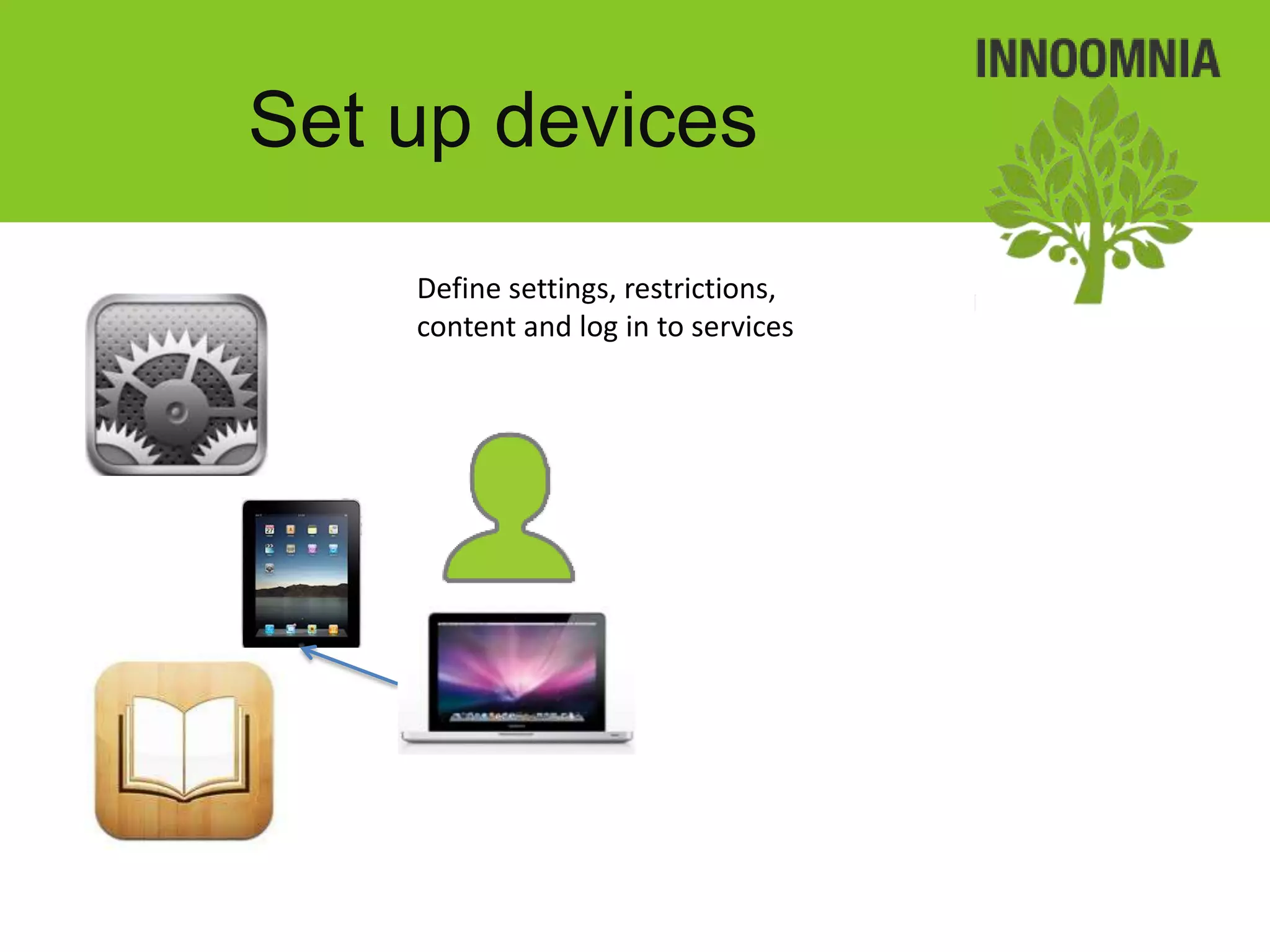 Set up devices
    Define settings, restrictions,
    content and log in to services
 