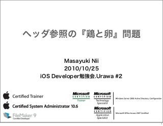 ヘッダ参照の『鶏と卵』問題
Masayuki Nii
2010/10/25
iOS Developer勉強会.Urawa #2

1

 