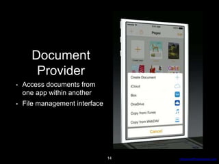 AdvancedProgresssive.com
Document
Provider
• Access documents from
one app within another
• File management interface
14
 