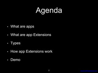 AdvancedProgresssive.com
Agenda
• What are apps
• What are app Extensions
• Types
• How app Extensions work
• Demo
2
 