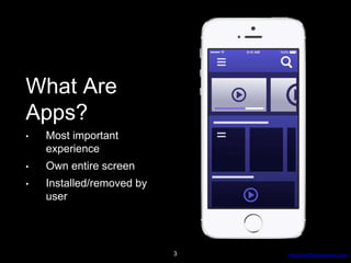 AdvancedProgresssive.com
What Are
Apps?
• Most important
experience
• Own entire screen
• Installed/removed by
user
3
 