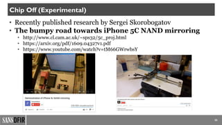 • Recently published research by Sergei Skorobogatov
• The bumpy road towards iPhone 5C NAND mirroring
• http://www.cl.cam.ac.uk/~sps32/5c_proj.html
• https://arxiv.org/pdf/1609.04327v1.pdf
• https://www.youtube.com/watch?v=tM66GWrwbsY
55
Chip Off (Experimental)
 