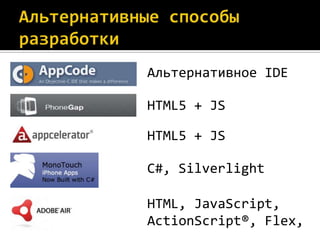 Альтернативное IDE

HTML5 + JS

HTML5 + JS

C#, Silverlight

HTML, JavaScript,
ActionScript®, Flex,
 