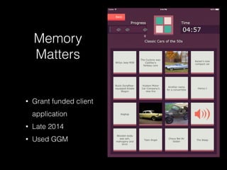 Memory
Matters
• Grant funded client
application
• Late 2014
• Used GGM
 