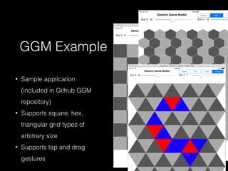 GGM Example
• Sample application  
(included in Github GGM
repository)
• Supports square, hex,
triangular grid types of
arbitrary size
• Supports tap and drag
gestures
 