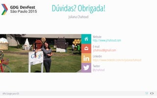 APIs Google para iOS
Dúvidas? Obrigada!
Juliana Chahoud
53
Ç
Ö
Website
E-mail
Linkedin
Twitter
http://www.jchahoud.com
jchahoud@gmail.com
https://www.linkedin.com/in/julianachahoud
@jchahoud
ą
!
 