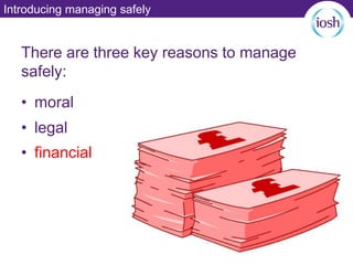 Introducing managing safely
There are three key reasons to manage
safely:
• financial
• moral
• legal
 