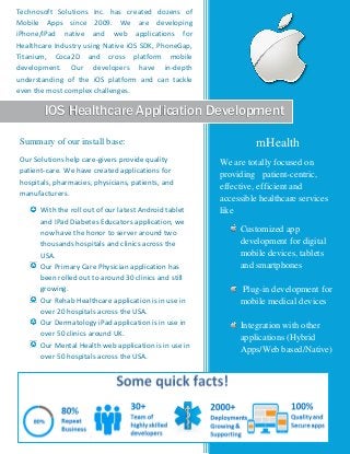 IOS Healthcare Application Development 
Summary of our install base: 
Our Solutions help care-givers provide quality patient-care. We have created applications for hospitals, pharmacies, physicians, patients, and manufacturers. 
With the roll out of our latest Android tablet and IPad Diabetes Educators application, we now have the honor to server around two thousands hospitals and clinics across the USA. 
Our Primary Care Physician application has been rolled out to around 30 clinics and still growing. 
Our Rehab Healthcare application is in use in over 20 hospitals across the USA. 
Our Dermatology iPad application is in use in over 50 clinics around UK. 
Our Mental Health web application is in use in over 50 hospitals across the USA. 
Our Burn clinics iPhone and web app is 
mHealth 
We are totally focused on providing patient-centric, effective, efficient and accessible healthcare services like 
Customized app development for digital mobile devices, tablets and smartphones 
Plug-in development for mobile medical devices 
Integration with other applications (Hybrid Apps/Web based/Native) 
Technosoft Solutions Inc. has created dozens of Mobile Apps since 2009. We are developing iPhone/IPad native and web applications for Healthcare Industry using Native iOS SDK, PhoneGap, Titanium, Coca2D and cross platform mobile development. Our developers have in-depth understanding of the iOS platform and can tackle even the most complex challenges.  