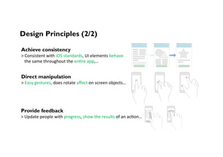 Design Principles (2/2)
Achieve consistency
>	Consistent	with	iOS	standards,	UI	elements	behave	
			the	same	throughout	the	en;re	app,…	
Direct manipulation
>	Easy	gestures,	does	rotate	aﬀect	on	screen	objects…	
Provide feedback
>	Update	people	with	progress,	show	the	results	of	an	ac;on…	
 