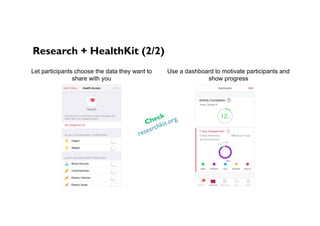 Research + HealthKit (2/2)
Let participants choose the data they want to
share with you
Use a dashboard to motivate participants and
show progress
 