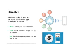 HomeKit
“HomeKit makes it easy to
use home automation apps
on people iOS devices…”
•  Make it easy to add new accessories
•  Give users different ways to find
accessories
•  Use friendly language to make your app
easy to use
Bo,om	Image	from:	h,ps://www.appfutura.com/blog/wp-content/uploads/2015/04/homekit-3.png	
 