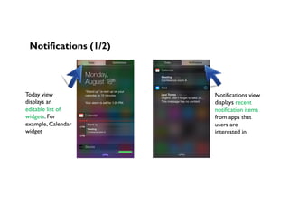 Notifications (1/2)
Today view
displays an
editable list of
widgets. For
example, Calendar
widget
Notifications view
displays recent
notification items
from apps that
users are
interested in
 