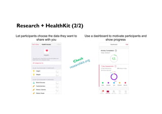 Research + HealthKit (2/2)
Let participants choose the data they want to
share with you
Use a dashboard to motivate partic...