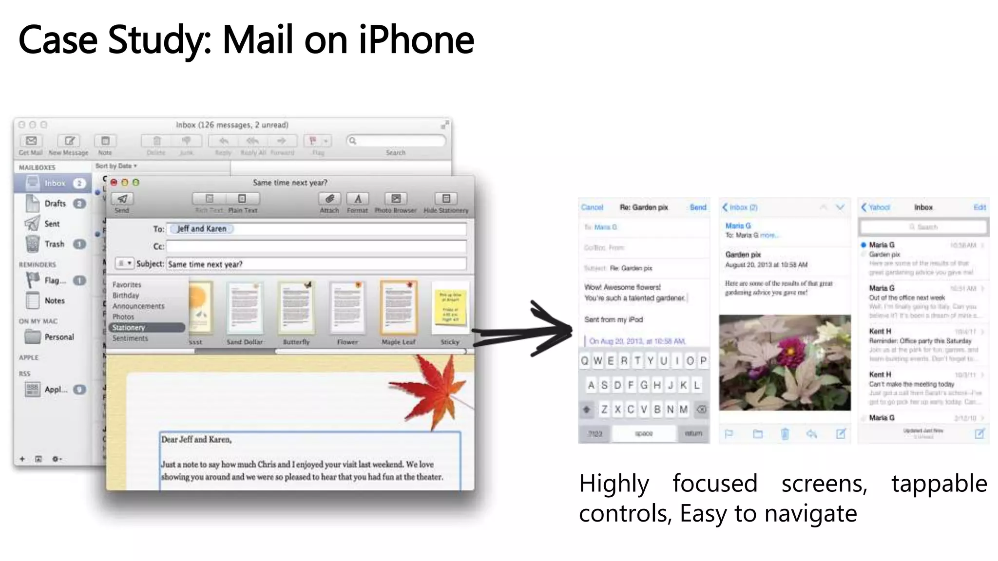 Case Study: Mail on iPhone
Highly focused screens, tappable
controls, Easy to navigate
 
