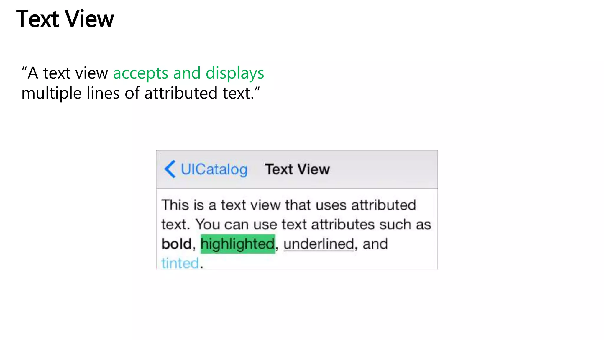 Text View
“A text view accepts and displays
multiple lines of attributed text.”
 